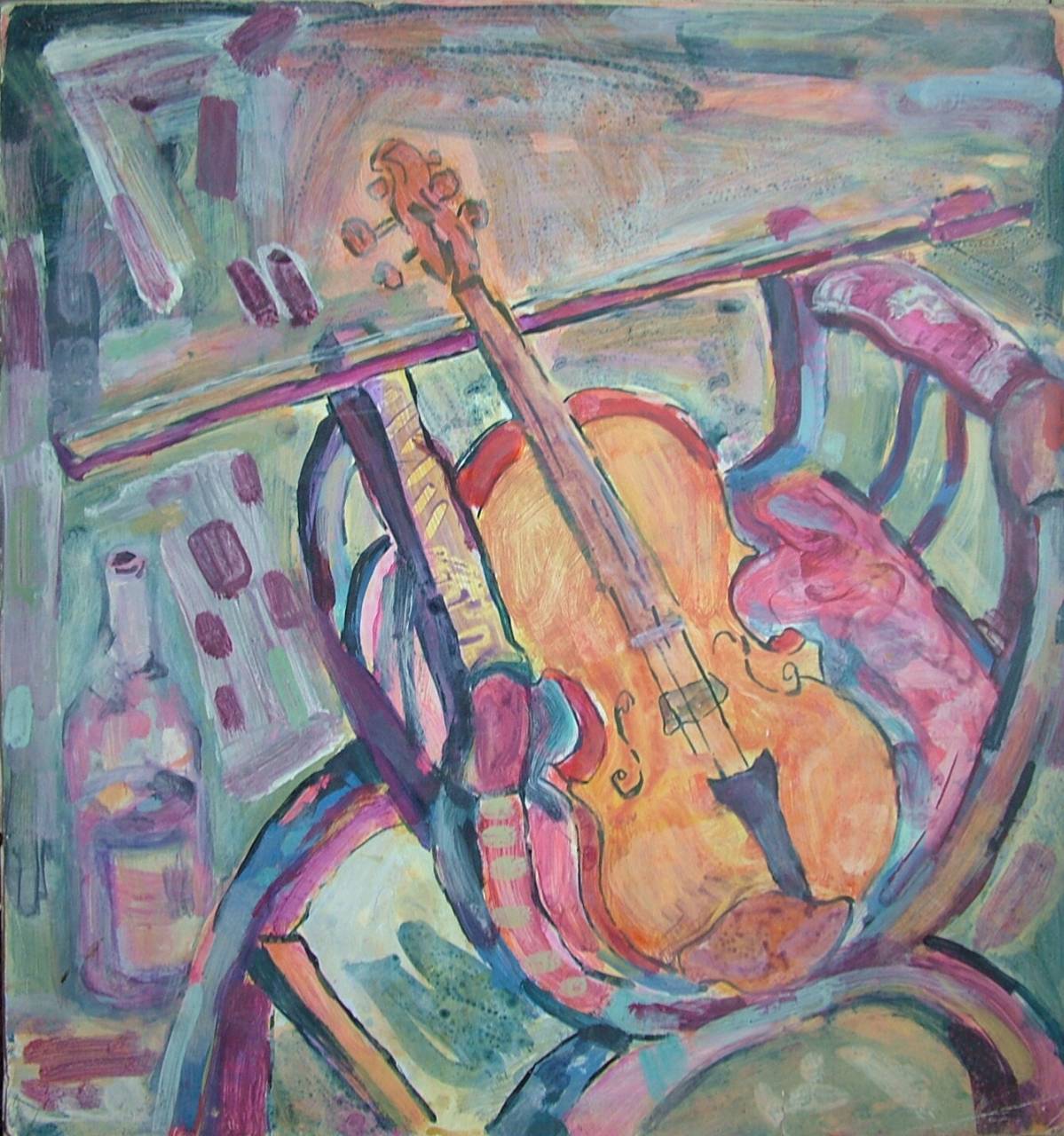 Violin on chair with bottle with red wine